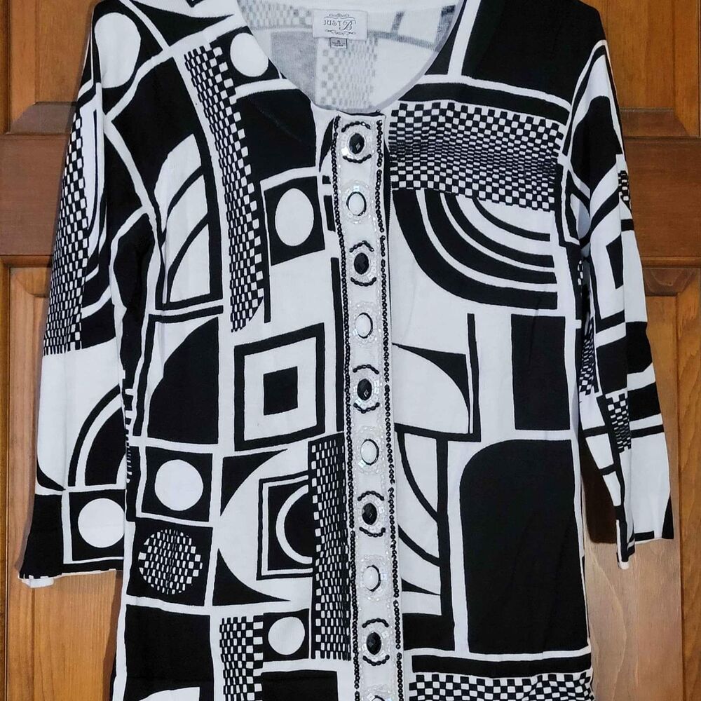 Women's Size Small Just B Black White Crewneck Cardigan with Bling
